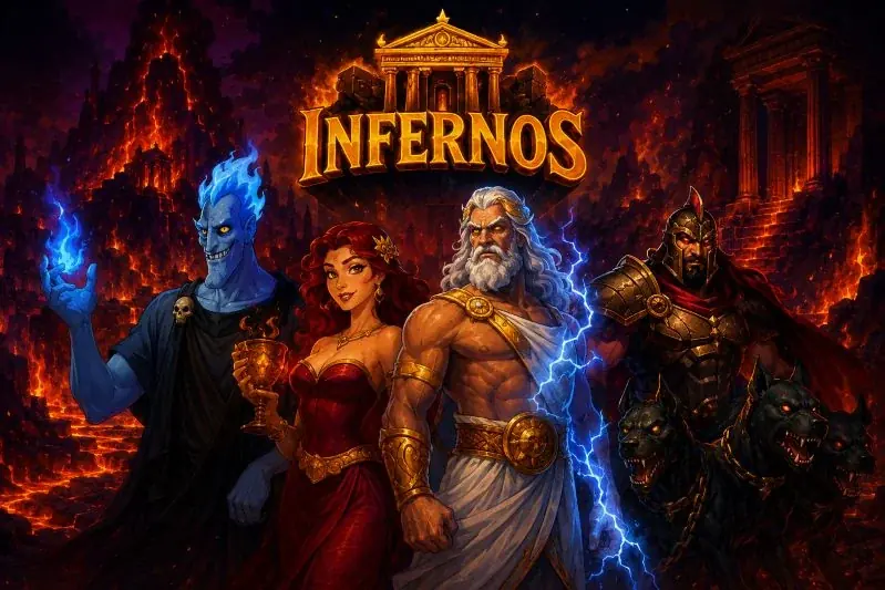 Hades, Persephone, Zeus and Cerberus before the gates of Infernos